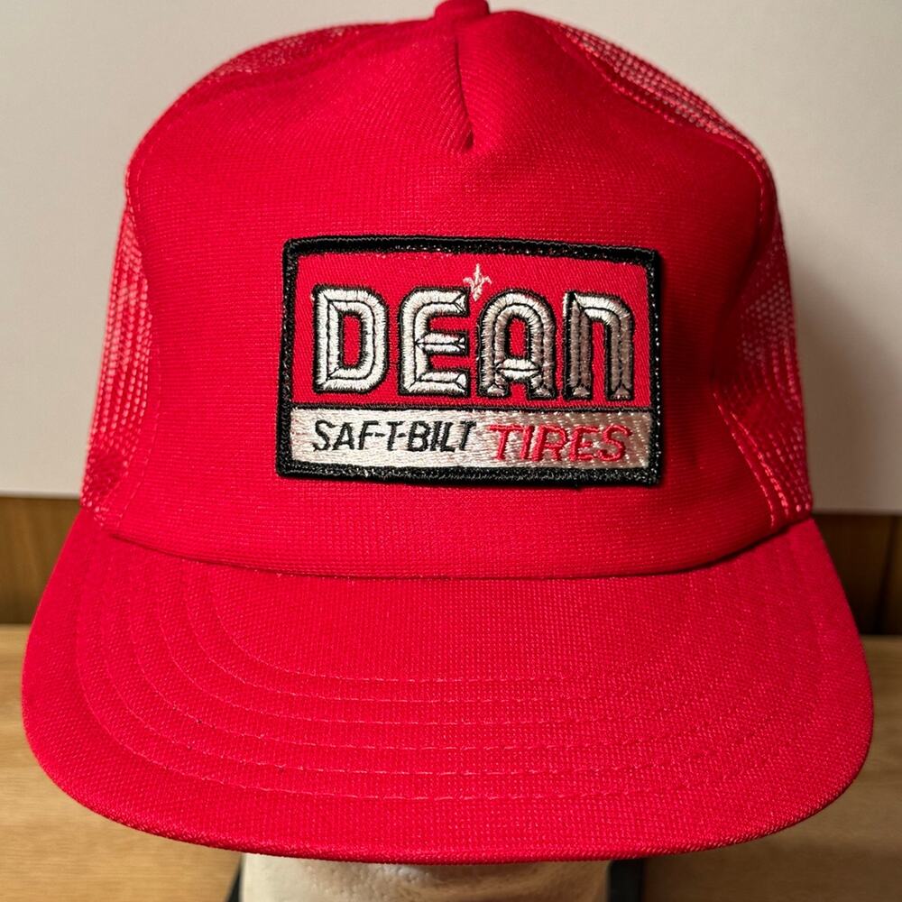 Vintage Dean Saf-t-Bilt Tires Hat Red Snapback‎ Trucker Patch Logo Made In USA